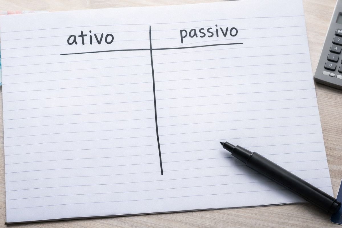 Um caderno dividido entre "Ativo" e "Passivo"
