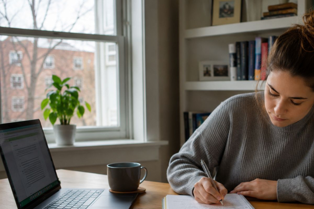 Uma mulher escreve no caderno, para estudar sobre educação financeira