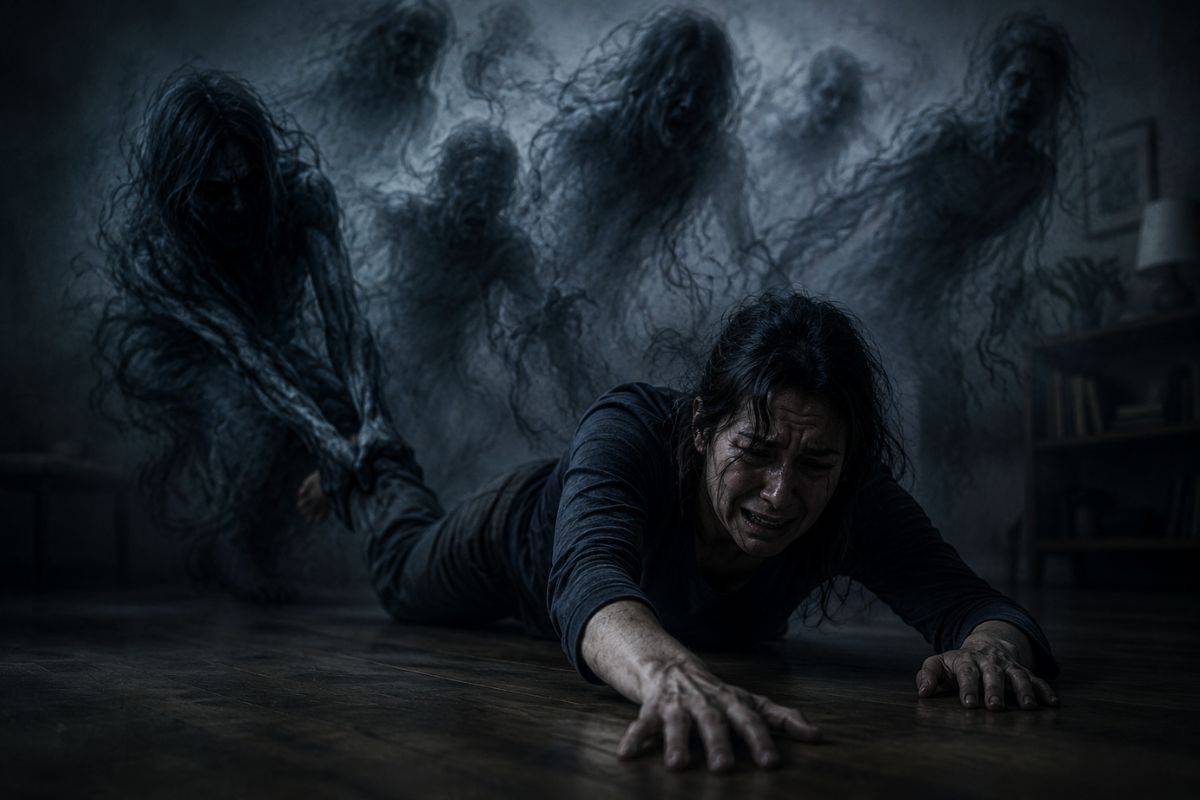 Uma mulher sendo arrastada pelos fantasmas do medo