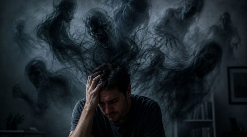 Uma pessoa sendo assombrada por seus fantasmas do medo