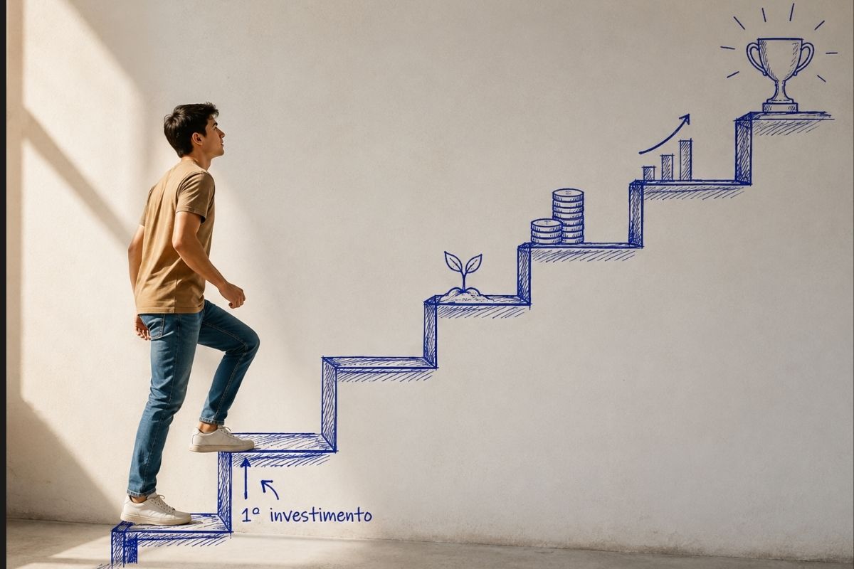 Um rapaz subindo o degrau do 1º investimento