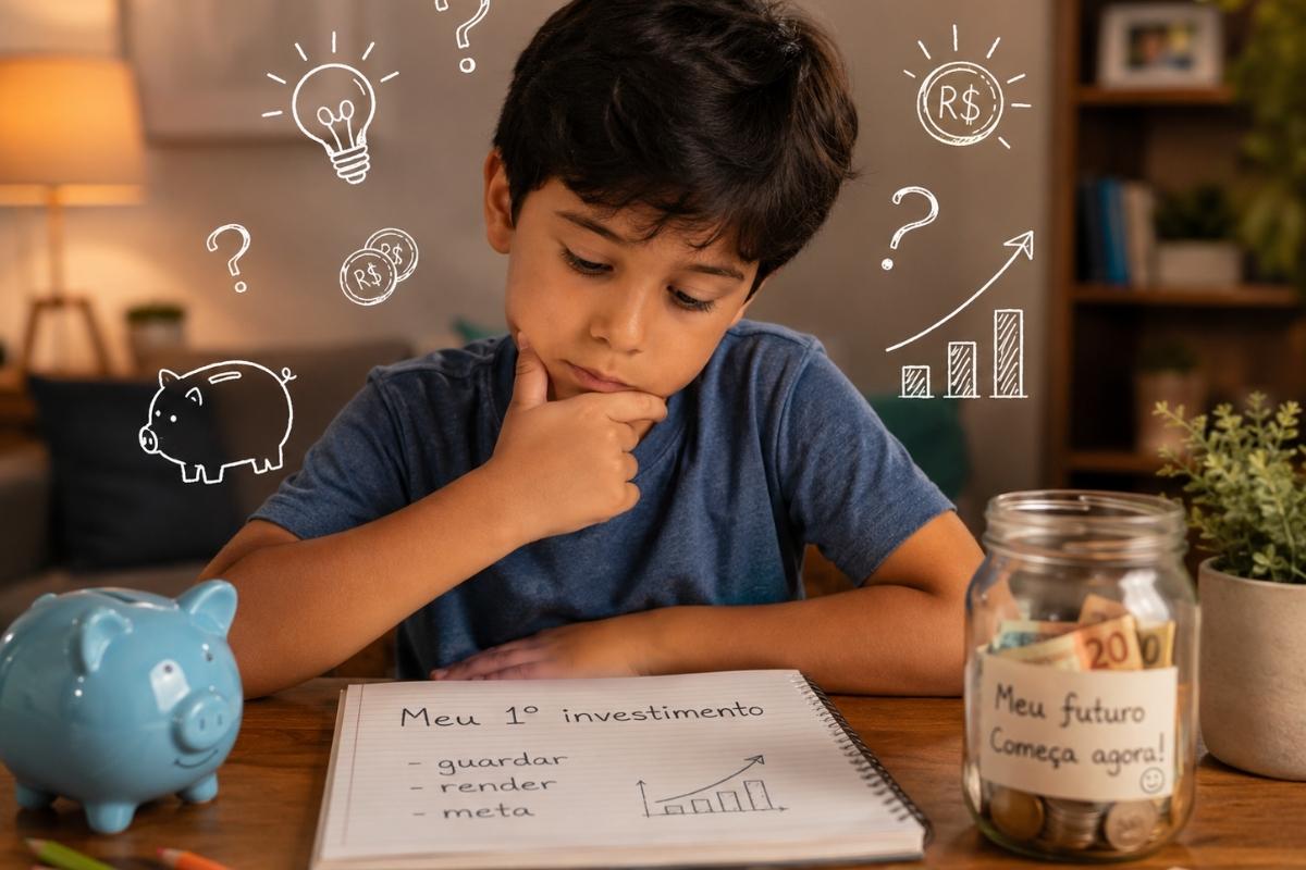 Uma criança em frente ao caderno pensando em seu 1º investimento
