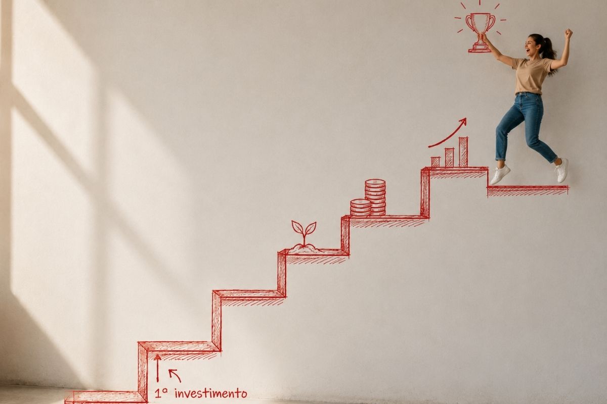 Uma mulher no topo da escada do 1º investimento