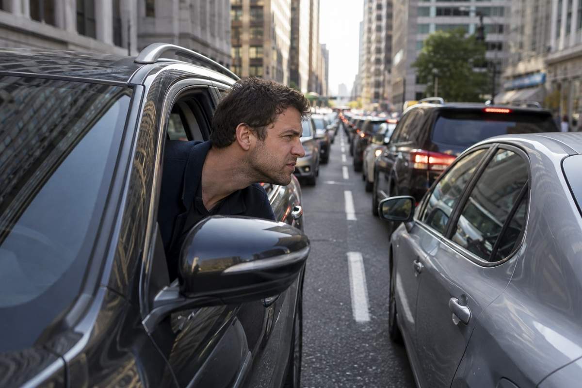 Um carro comparando seu carro com a de outro motorista no trânsito