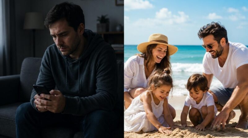 Um homem no sofá não para de comparar sua vida com a dos outros. Do lado direito, uma família na praia em um dia de sol