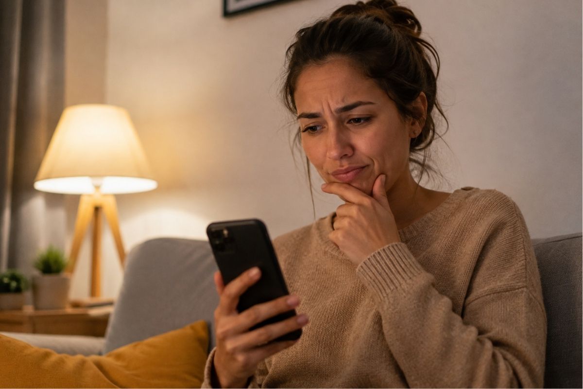 Uma mulher pensando em dizer não para um encontro pelo celular