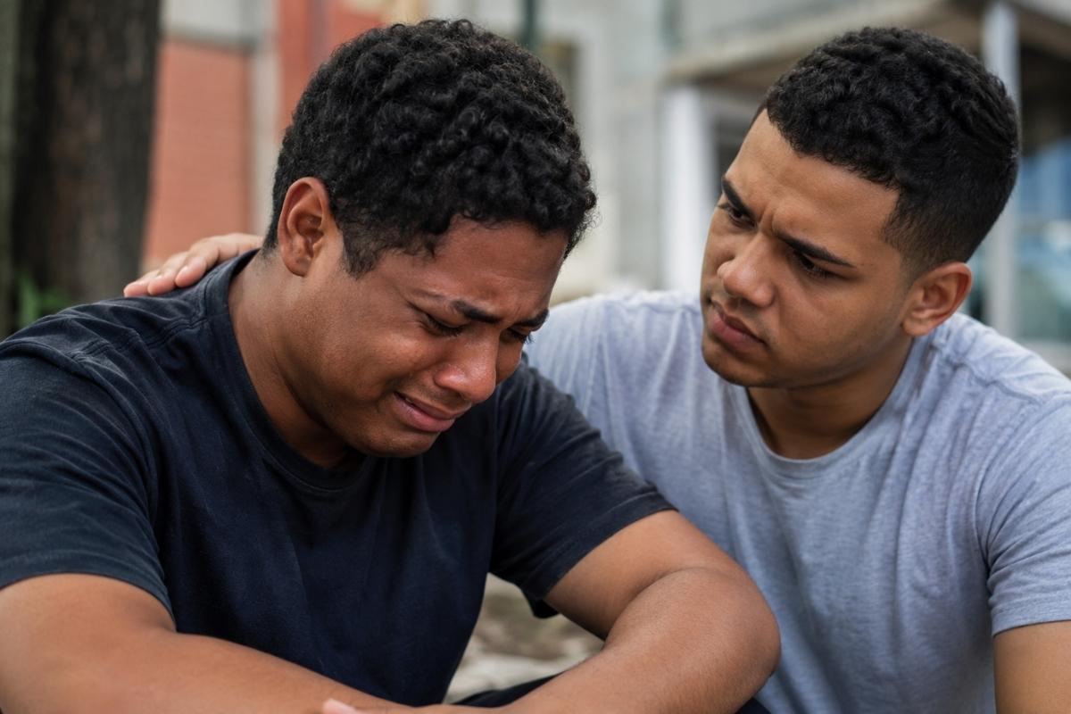 Jovem sendo consolado pelo seu amigo