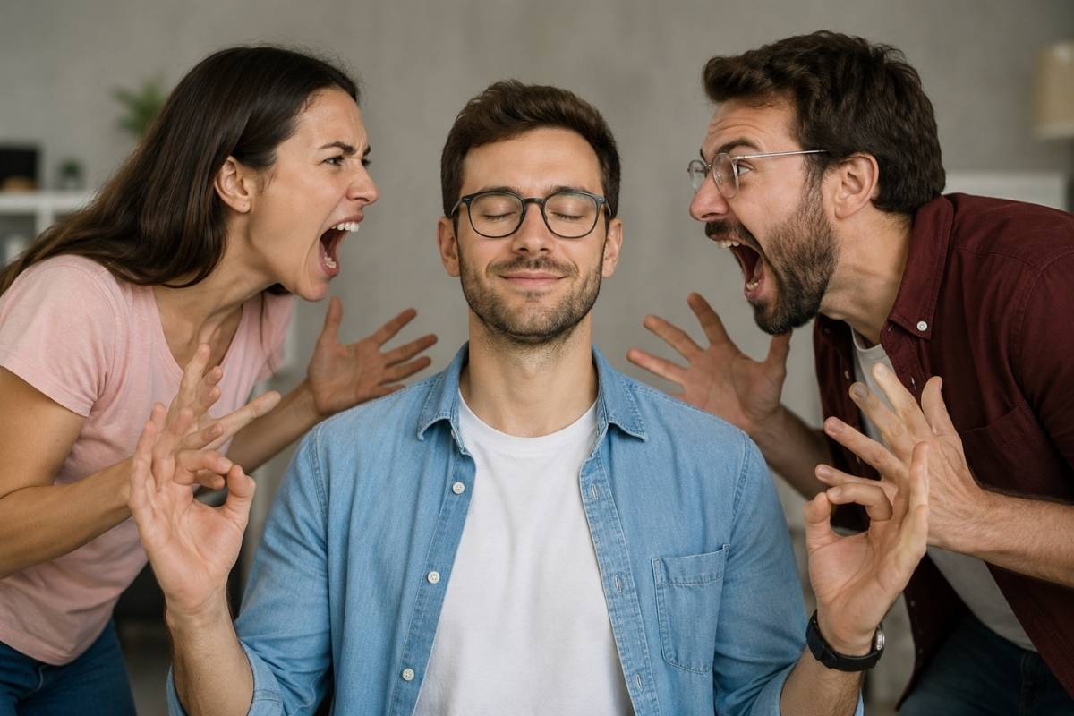 Um rapaz escuta uma mulher e um homem gritando ao lado e fica sereno com Inteligência Emocional