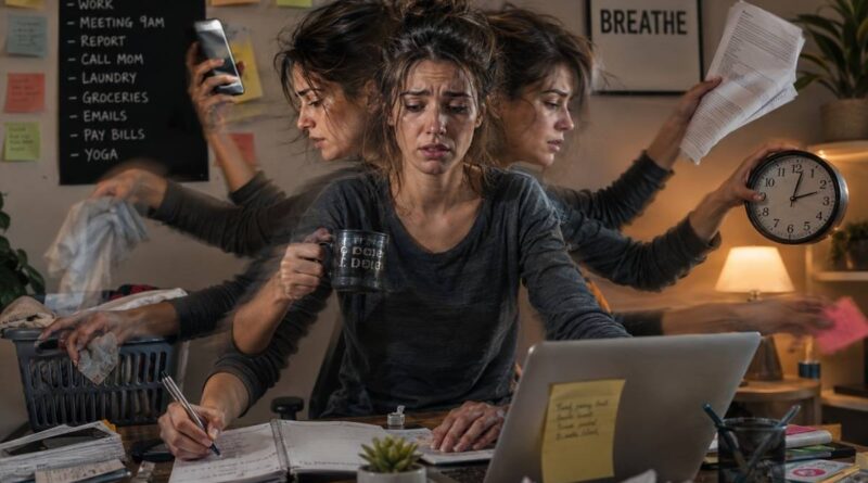 Uma mulher que não está organizando sua rotina fazendo diferentes tarefas