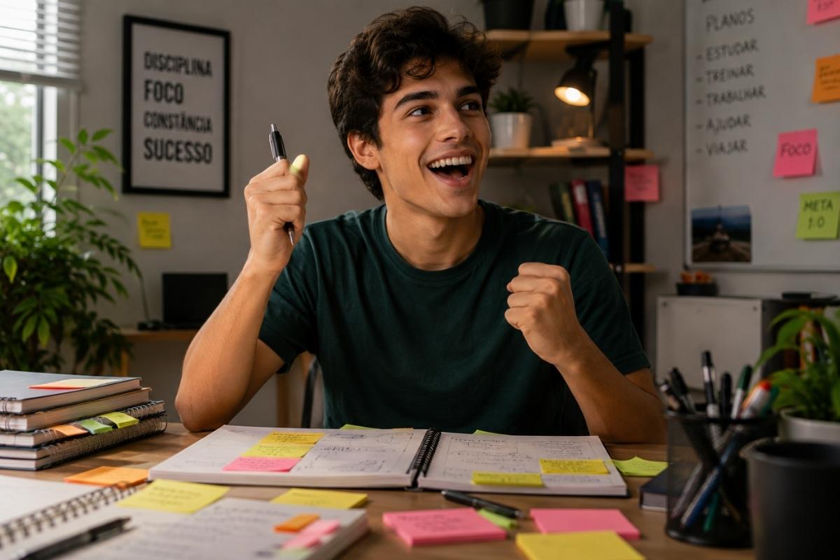 Um jovem animado organizando sua rotina no quarto