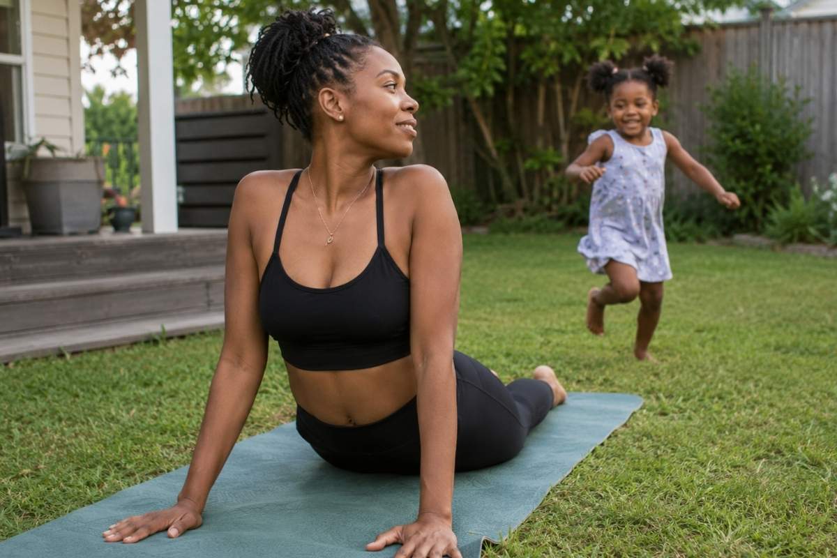 Uma mulher praticando yoga, aplicando pequenos hábitos na sua rotina