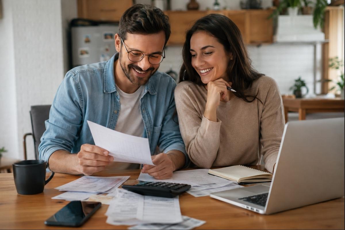 Um casal feliz fazendo o Planejamento financeiro junto