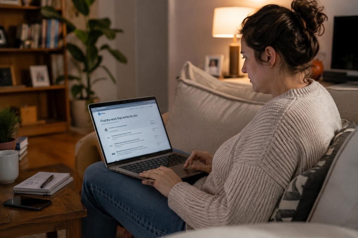 Mulher buscando renda extra com notebook no colo