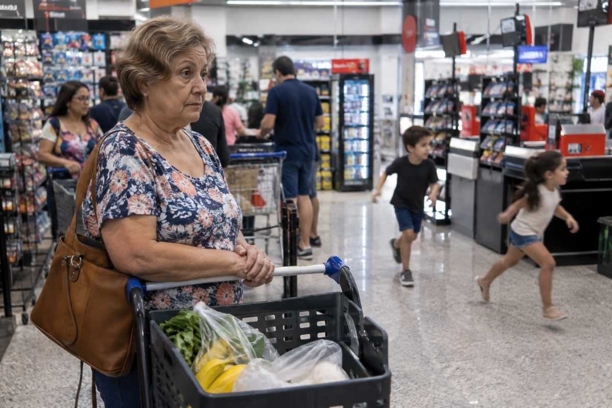 Uma senhora na fila preferencial de um mercado