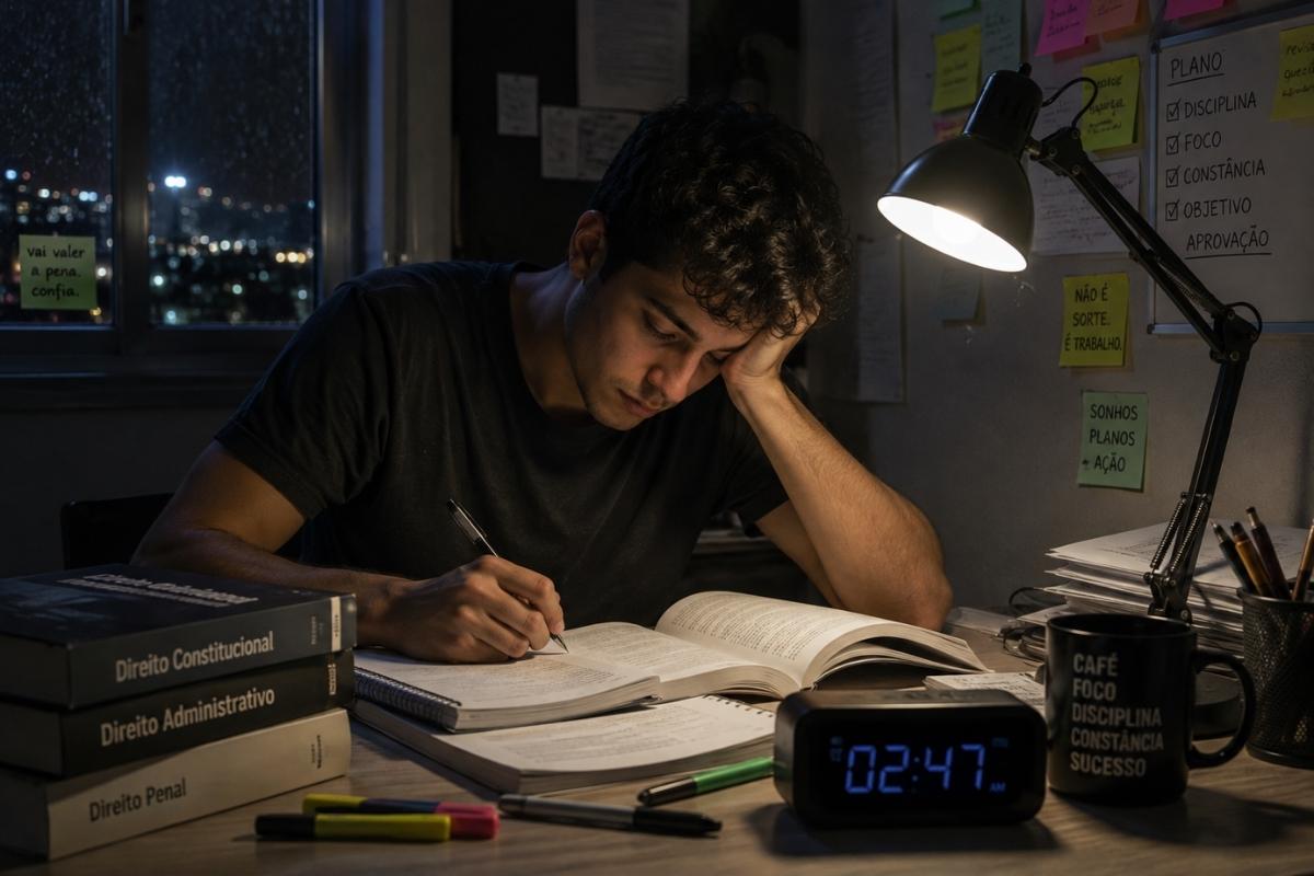 Um jovem estudando com disciplina na madrugada