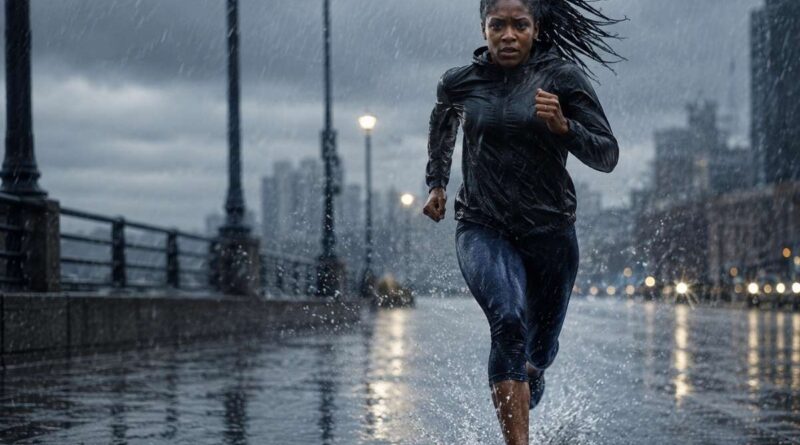 Uma mulher correndo na chuva, mostrando disciplina quando a motivação desaparece